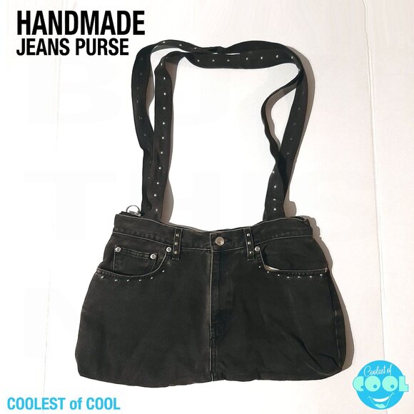 handmade shoulder bag purse made from black jeans chrome studs unique super cute - Picture 1 of 11